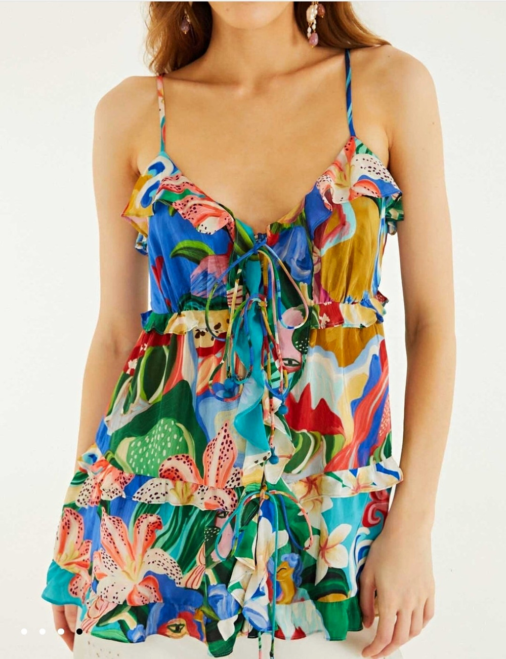 Farm Rio Garden of life Tropical Floral Ruffles V-Neck tiered Top MED